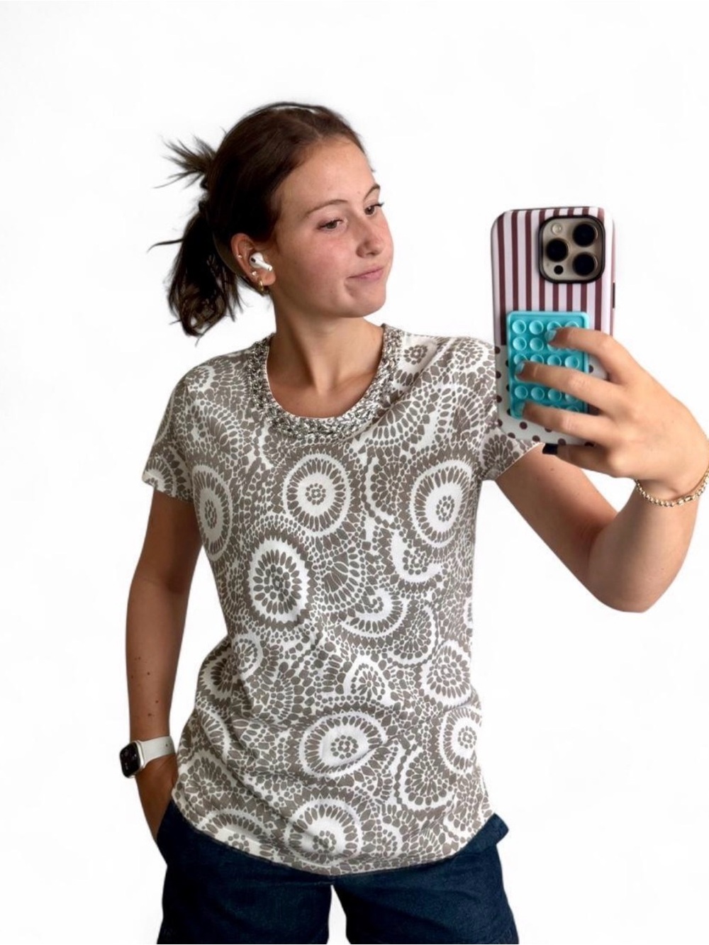 INC International Concepts Women’s Y2K Vintage Beaded-Neck Short Sleeve Tee